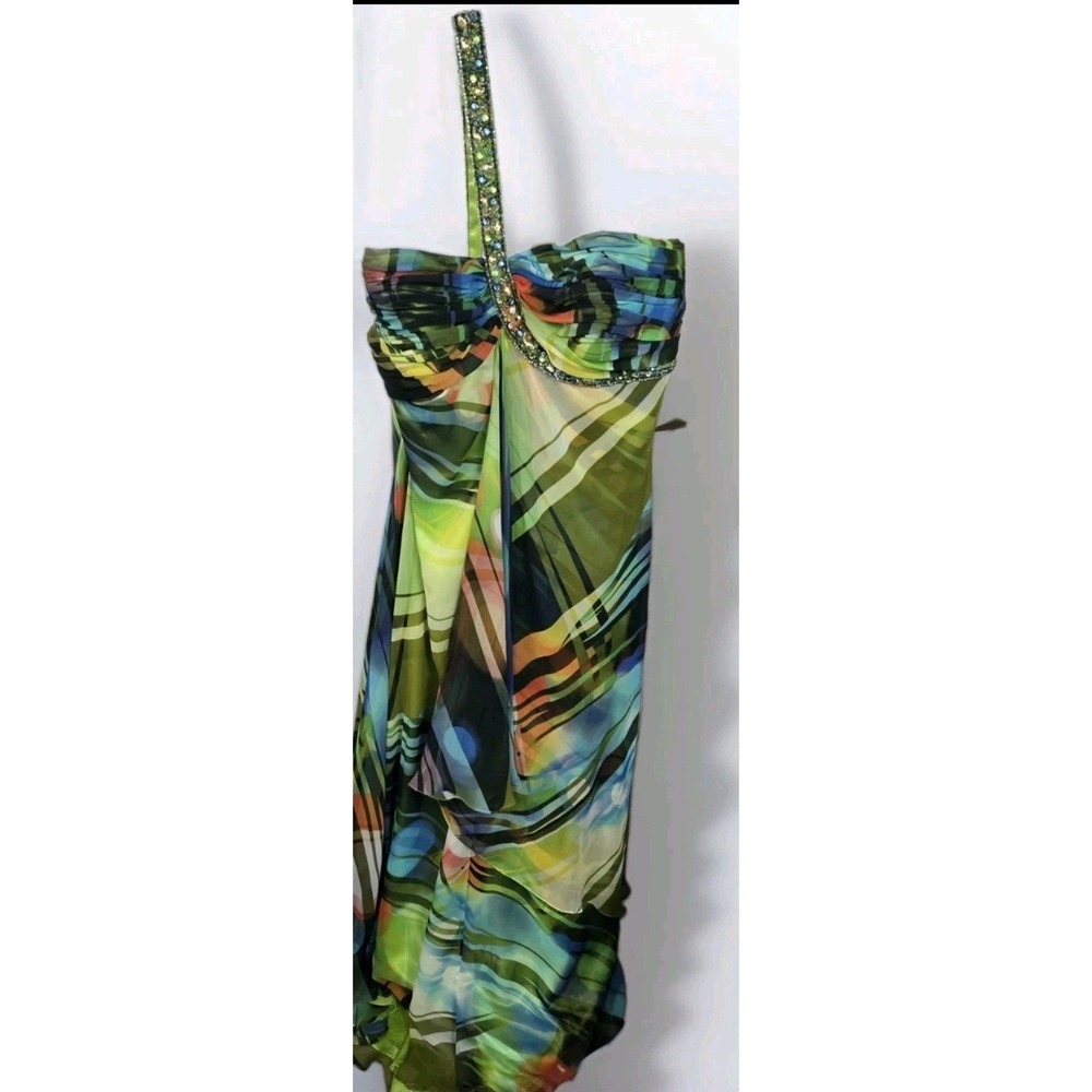 Night Moves Allure One Shoulder Beaded Abstract Print Formal Gown Green Blue 24